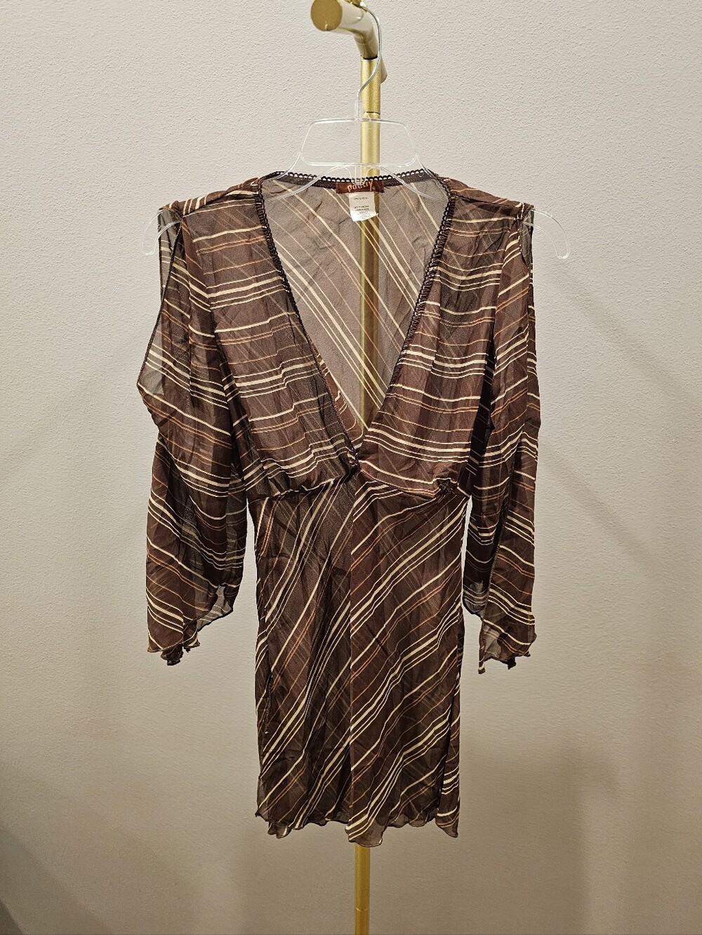 Vintage Poetry Brown Striped V-Neck Long-Sleeve Dress